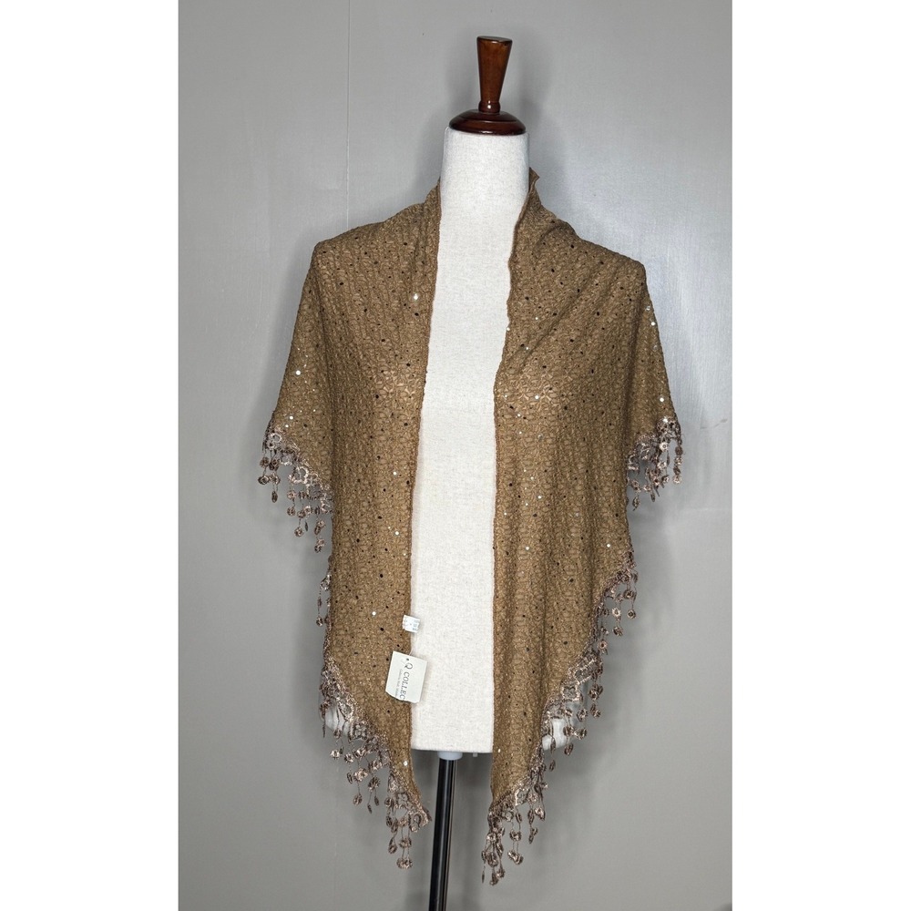 NWT R Collection Brown Bronze Sequin Crochet Triangle Shawl Fringe Wrap